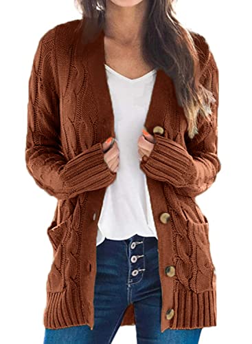 Uusollecy Strickjacke Damen Button Down Open Front Strickpullover, Einfarbig Langarm Grobstrick Cardigan, Herbst Winter Strickcardigan mit Tasche Braun L von Uusollecy