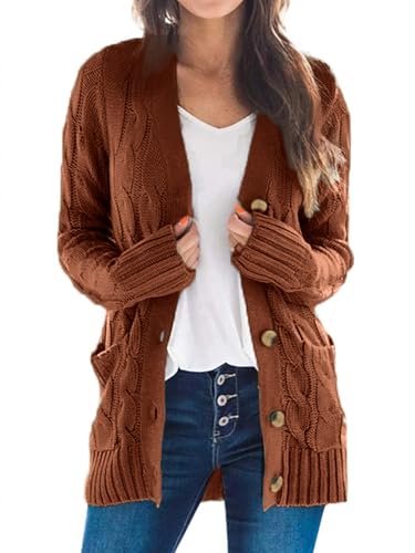 Uusollecy Strickjacke Damen Button Down Open Front Strickpullover, Einfarbig Langarm Grobstrick Cardigan, Herbst Winter Strickcardigan mit Tasche Braun S von Uusollecy