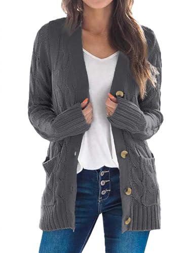 Uusollecy Strickjacke Damen Button Down Open Front Strickpullover, Einfarbig Langarm Grobstrick Cardigan, Herbst Winter Strickcardigan mit Tasche Grau XL Uusollecy Strickjacke Damen Button Down Open Front Strickpullover, Einfarbig Langarm Grobstrick Cardigan, Herbst Winter Strickcardigan mit Tasche Grau XL von Uusollecy