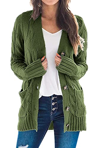 Uusollecy Strickjacke Damen Button Down Open Front Strickpullover, Einfarbig Langarm Grobstrick Cardigan, Herbst Winter Strickcardigan mit Tasche Grün M von Uusollecy