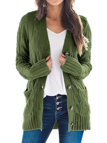 Uusollecy Strickjacke Damen mit Knopfleiste Herbst Zopfmuster Langarm Cardigan Winter Warm Strickjacken mit Tasche, Grün M von Uusollecy
