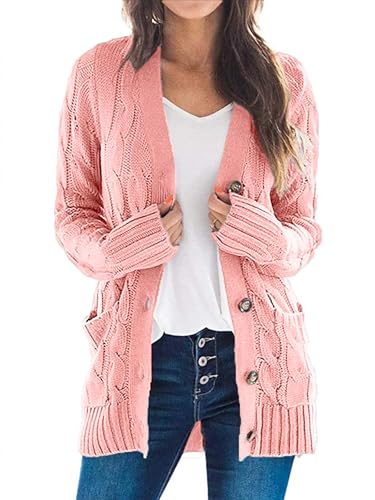 Uusollecy Strickjacke Damen mit Knopfleiste Herbst Zopfmuster Langarm Cardigan Winter Warm Strickjacken mit Tasche, Rosa XL von Uusollecy