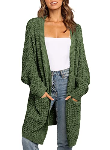 Uusollecy Strickjacke Damen Lang Open Front Cardigan, Casual Loose Langarm Strickcardigan mit Tasche Dunkelgrün L von Uusollecy