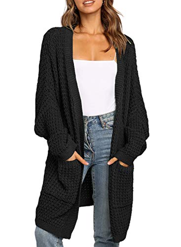 Uusollecy Strickjacke Damen Lang Open Front Cardigan, Casual Loose Langarm Strickcardigan mit Tasche Schwarz XL von Uusollecy