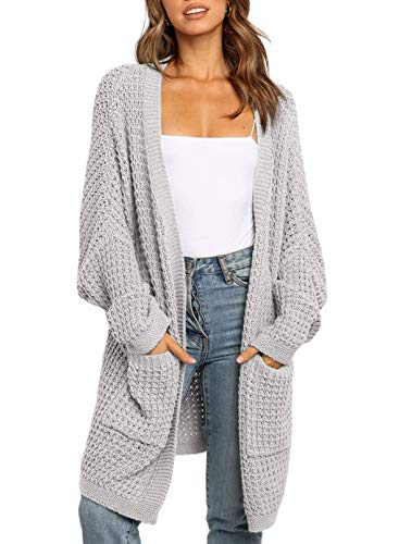Uusollecy Strickjacke Damen Lang Open Front Cardigan, Casual Loose Langarm Strickcardigan mit Tasche Grau S von Uusollecy