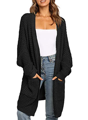 Uusollecy Strickjacke Damen Lang Open Front Cardigan, Casual Loose Langarm Strickcardigan mit Tasche Schwarz L von Uusollecy