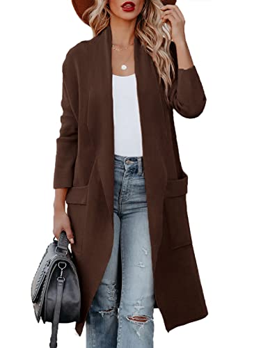 Uusollecy Strickjacke Damen Langarm Drapiert Open Front, Lange Cardigan mit Taschen Braun M von Uusollecy