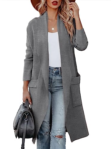 Uusollecy Strickjacke Damen Langarm Drapiert Open Front, Lange Cardigan mit Taschen Dunkelgrau M von Uusollecy