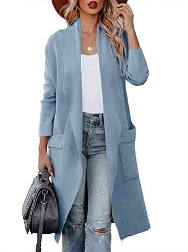 Uusollecy Strickjacke Damen Lang Herbst Drapiert Open Front Cardigan Warm Winter Strickmantel mit Taschen, Hellblau S von Uusollecy