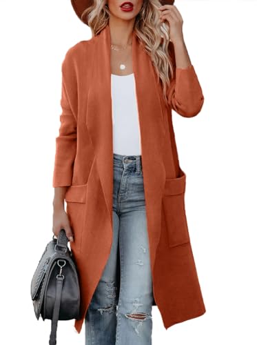 Uusollecy Strickjacke Damen Lang Herbst Drapiert Open Front Cardigan Warm Winter Strickmantel mit Taschen, Hellorange M von Uusollecy