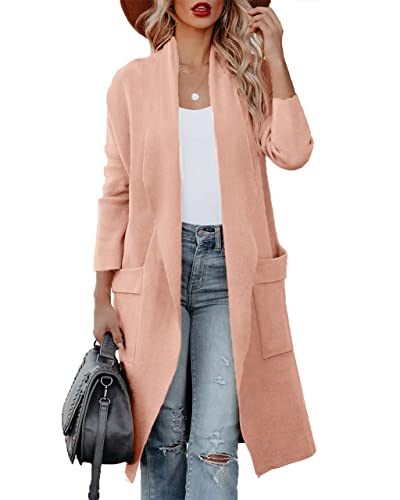 Uusollecy Strickjacke Damen Lang Herbst Drapiert Open Front Cardigan Warm Winter Strickmantel mit Taschen, Rosa S von Uusollecy