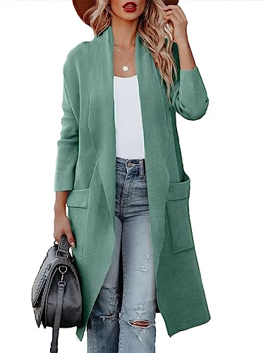 Uusollecy Strickjacke Damen Lang Herbst Drapiert Open Front Cardigan Warm Winter Strickmantel mit Taschen, Türkis S von Uusollecy