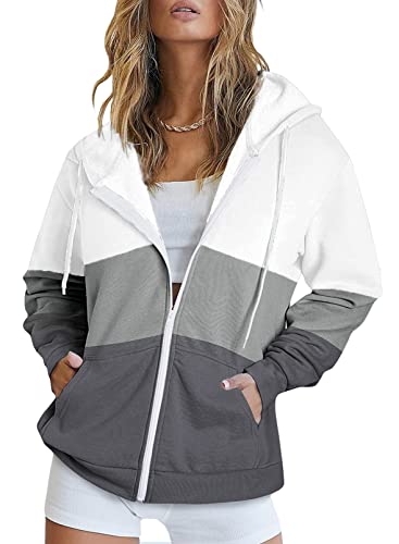 Uusollecy Sweatjacke Damen Full Zip Farbblock Hoodie Sweatshirt, Casual Loose Langarm Kapuzenpullover, Gestreifte Reissverschluss Sweatshirt Tops Oberteile mit Kapuze Grau XL von Uusollecy