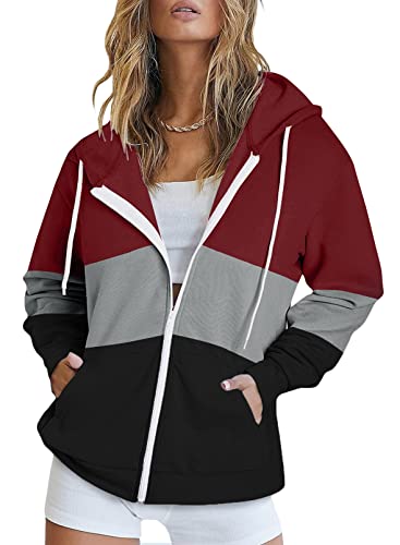 Uusollecy Sweatjacke Damen Full Zip Farbblock Hoodie Sweatshirt, Casual Loose Langarm Kapuzenpullover, Gestreifte Reissverschluss Sweatshirt Tops Oberteile mit Kapuze Rot L von Uusollecy