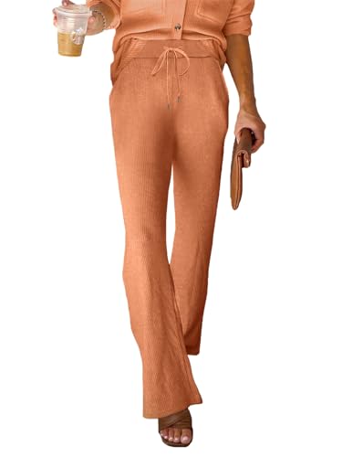 Uusollecy Weite Hose Damen High Waist Strickhose, Elastischer Bund mit Kordelzug Freizeithosen mit Taschen Orange M von Uusollecy