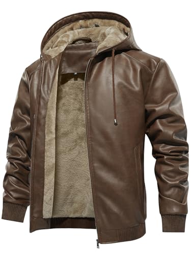 Uusollecy Winterjacke Herren Lederjacke Warm Gefüttert Kunstlederjacke Mit Kapuze, Winddicht Outdoor Motorradjacke Mit Reißverschluss, Braun M von Uusollecy