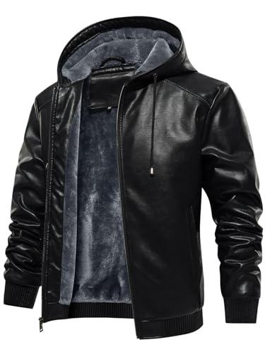 Uusollecy Winterjacke Herren Lederjacke Warm Gefüttert Kunstlederjacke Mit Kapuze, Winddicht Outdoor Motorradjacke Mit Reißverschluss, Schwarz L von Uusollecy