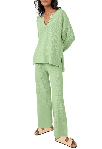 Uusollecy Lounge Set Damen Breites Bein Strickanzug Casual Loose Trainingsanzug Jogginganzug Hellgrün M von Uusollecy