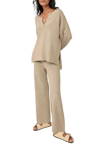 Uusollecy Lounge Set Damen Breites Bein Strickanzug Casual Loose Trainingsanzug Jogginganzug Khaki M von Uusollecy