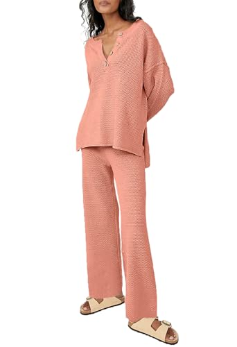 Uusollecy Lounge Set Damen Breites Bein Strickanzug Casual Loose Trainingsanzug Jogginganzug Rosa S von Uusollecy