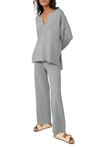 Uusollecy Zweiteiler Strickanzug Damen Set Weitem Bein Loungewear Set Jogginganzug Grau M von Uusollecy