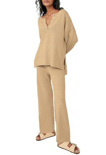 Uusollecy Zweiteiler Strickanzug Damen Set Weitem Bein Loungewear Set Jogginganzug Helles Kamel L von Uusollecy