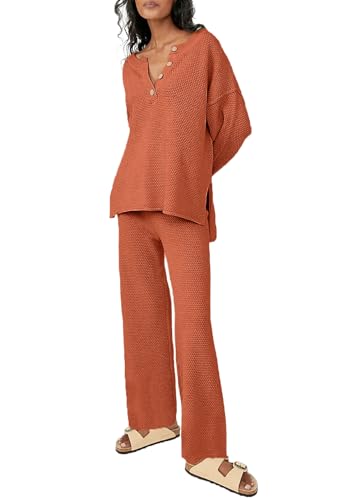 Uusollecy Zweiteiler Strickanzug Damen Set Weitem Bein Loungewear Set Jogginganzug Orange L von Uusollecy