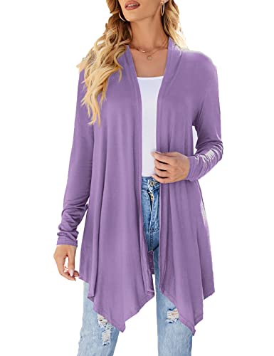 Damen Draped Front Open Cardigan Casual Langarm Leichte Strickjacke Sweater Duster, Fliederfarben, Mittel von Uvog