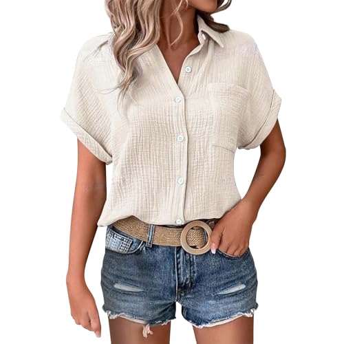 Day Prime 2025 Bluse Damen Sommer Leinenbluse Lässiges Button-Down Shirts V Ausschnitt Hemd Klassische Kragen Tops Oversized Elegant Solide Leinenhemd mit Tasche Lady Work Office Musselin Bluse von Uwdiohq