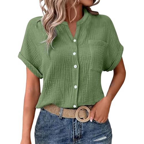 Uwdiohq Bluse Damen Shirts Elegant Sommer Tshirt Kurzarm V-Ausschnitt Leinen Knopf Lange T-Shirt Lose Hemdbluse Lässiges Hemd Solide Oberteil mit Tasche Knittriger Stoff Mantel von Uwdiohq