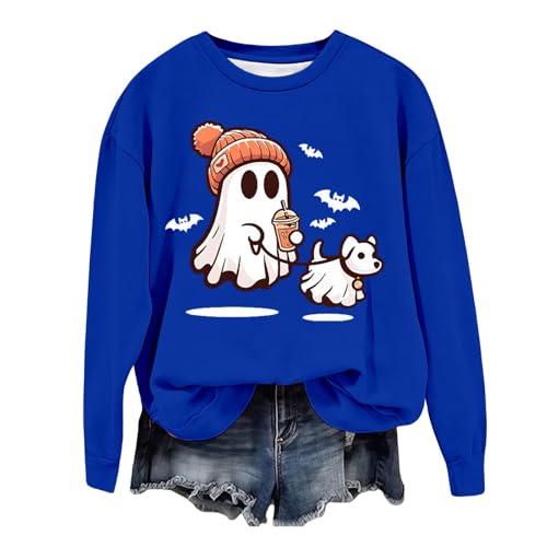 Uwdiohq Damen Halloween Sweatshirt Niedlicher Aufdruck Leichtes Hemd Langarm Pullover Tops Zopfmuster (Blue, S) Für Jacke Mit Kapuze Kapuzensweatshirt Rot Sweatjacke Schwarz Los Angeles von Uwdiohq