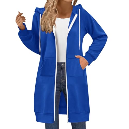 Uwdiohq Damen Lange Kapuzenpullover mit Reißverschluss Hoodie Jacke Autumn Winter Sweatjacke Oversize Fleece Einfarbig Sweatshirt Mit Kapuze Langarm Mantel Warm Cardigan mit Taschen(Blau,L) von Uwdiohq