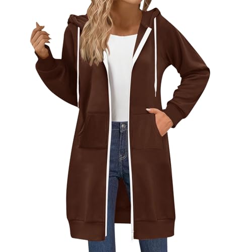 Uwdiohq Damen Lange Kapuzenpullover mit Reißverschluss Hoodie Jacke Autumn Winter Sweatjacke Oversize Fleece Einfarbig Sweatshirt Mit Kapuze Langarm Mantel Warm Cardigan mit Taschen(Braun,XL) von Uwdiohq
