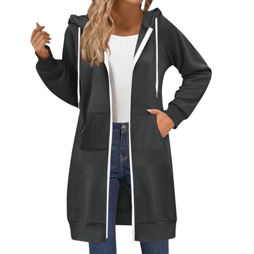 Uwdiohq Damen Lange Kapuzenpullover mit Reißverschluss Hoodie Jacke Autumn Winter Sweatjacke Oversize Fleece Einfarbig Sweatshirt Mit Kapuze Langarm Mantel Warm Cardigan mit Taschen(Dunkelgrau,M) von Uwdiohq