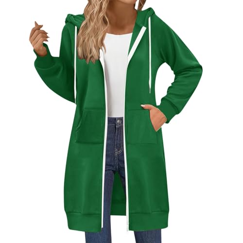 Uwdiohq Damen Lange Kapuzenpullover mit Reißverschluss Hoodie Jacke Autumn Winter Sweatjacke Oversize Fleece Einfarbig Sweatshirt Mit Kapuze Langarm Mantel Warm Cardigan mit Taschen(Grün,M) von Uwdiohq