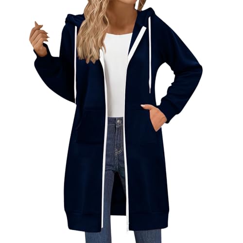 Uwdiohq Damen Lange Kapuzenpullover mit Reißverschluss Hoodie Jacke Autumn Winter Sweatjacke Oversize Fleece Einfarbig Sweatshirt Mit Kapuze Langarm Mantel Warm Cardigan mit Taschen(Marine,XXL) von Uwdiohq