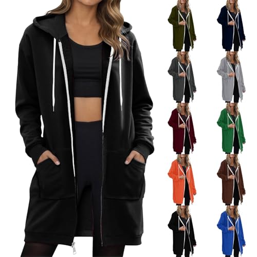 Uwdiohq Damen Lange Kapuzenpullover mit Reißverschluss Hoodie Jacke Autumn Winter Sweatjacke Oversize Fleece Einfarbig Sweatshirt Mit Kapuze Langarm Mantel Warm Cardigan mit Taschen(Schwarz,XXL) von Uwdiohq
