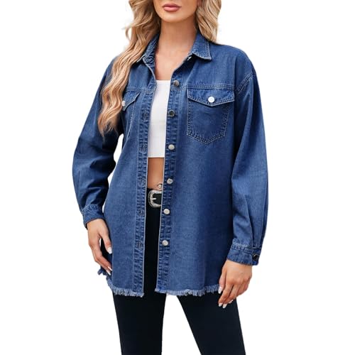 Uwdiohq Damen Oversized Jeansjacke Casual Long Distresse Jean Jacke Frühling Damenjacke Winter Wasserdicht (Bu2, M) Kurze Hell Übergangsjacke Laufjacke Sommer Übergang Grau Steppjacke Leicht von Uwdiohq