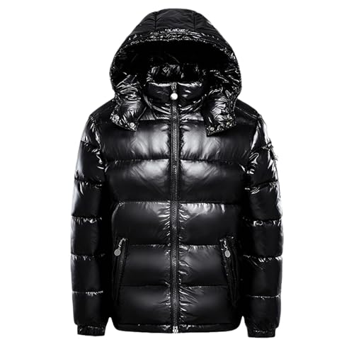 Uwdiohq Earnmore Men's Warm Down Jackets Plain Winter with Hood Zip Metal Shiny Wind Jacket Parka Mantel Für Gefüttert (Black, S) Wollmantel Damen Wintermantel Wolle Winterjacke Rot Outdoor von Uwdiohq