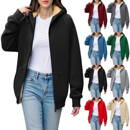Uwdiohq Fleecejacke Damen Hoodie Kapuzenpullover mit Zip Winterjacke Lang Sweatjacke Warme Plüschjacke mit Kapuze Einfarbig Sweatshirt Pullover mit Reißverschluss(Schwarz,L) von Uwdiohq