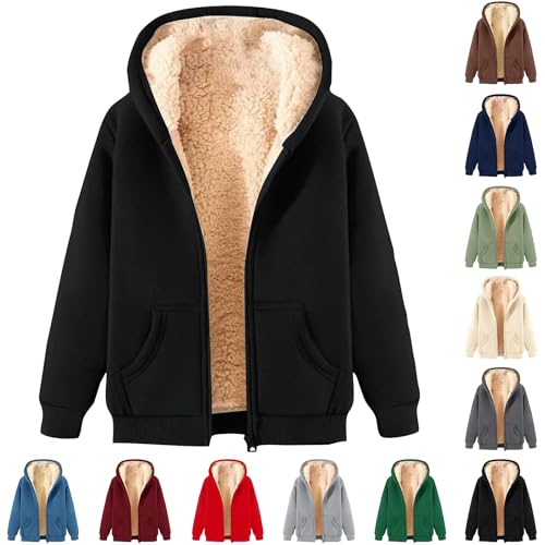 Uwdiohq Fleecejacke Damen Hoodie Kapuzenpullover mit Zipper, Fleecepullover Dick Warm Basic Sweatjacke mit Kapuze, Winterjacke Einfarbig Hooded mit Reißverschluss Sportlicher, (Schwarz,XXL) von Uwdiohq