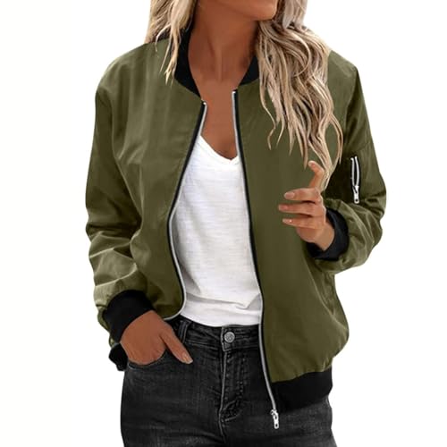 Uwdiohq Jacke Damen Bomberjacke Kurze Blouson Baseball Jacke leichte Fliegerjacke Langarm Casual Outwear Zip Up Solid Coat Autumn Pilotenjacke Winter Outwear Übergangsjacke Sweatjacke(Grün,XXL) von Uwdiohq