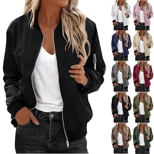 Uwdiohq Jacke Damen Bomberjacke Kurze Blouson Baseball Jacke leichte Fliegerjacke Langarm Casual Outwear Zip Up Solid Coat Autumn Pilotenjacke Winter Outwear Übergangsjacke Sweatjacke(Schwarz,XXL) von Uwdiohq