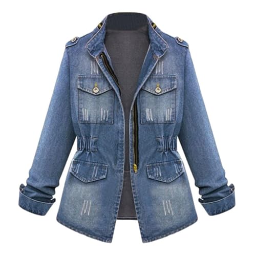 Uwdiohq Jacke Jeans-Denim Plus Oversize-Taschenkette Lässige Mantel Damengröße Anzüge & Sätze Damen Lederimitat (Blue, M) Lange Jeansjacke Helle Motorradjacke Sommer Bluson-Damen Pailletten von Uwdiohq
