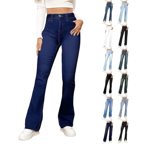 Uwdiohq Jeans Damen Flared fit Baggy Lang Jeanshosen High Waist Leichter Oversize Denimhose mit Knopfleiste Taschen Stretch Slim-Fit-Hose Freizeithose Passform für Wandern(Dunkelblau,XL) von Uwdiohq