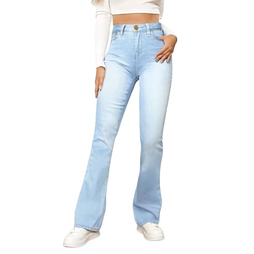 Uwdiohq Jeans Damen Flared fit Baggy Lang Jeanshosen High Waist Leichter Oversize Denimhose mit Knopfleiste Taschen Stretch Slim-Fit-Hose Freizeithose Passform für Wandern(Hellblau,XL) von Uwdiohq