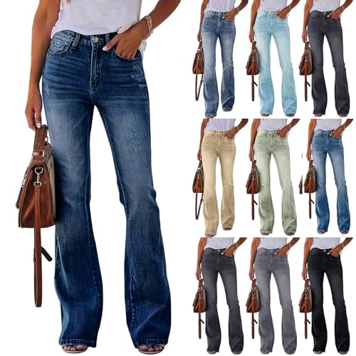 Uwdiohq Jeans Damen Flared fit High Waist Stretch Jeans mit 4 Taschen, Baggy Lang Weites Bein Jeanshosen, Klamotten Teenager Mädchen Freizeithose, Women Elegant Streetwear,(Dunkelblau,XXL) von Uwdiohq