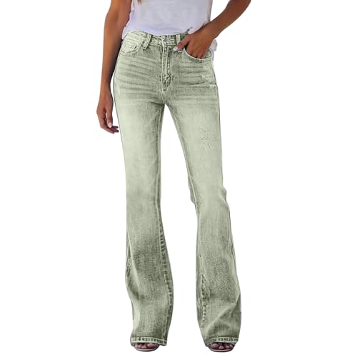 Uwdiohq Jeans Damen Flared fit High Waist Stretch Jeans mit 4 Taschen, Baggy Lang Weites Bein Jeanshosen, Klamotten Teenager Mädchen Freizeithose, Women Elegant Streetwear,(Light Grün,XXL) von Uwdiohq
