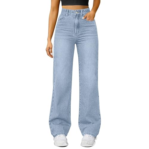 Uwdiohq Jeans Damen Straight Wide Leg Jeanshose Stretch High Waist Baggy Denim Hosen mit 4 Taschen Leichte Frauen Elegant Hose Klamotten Teenager Mädchen Streetwear (BU2,XL) von Uwdiohq