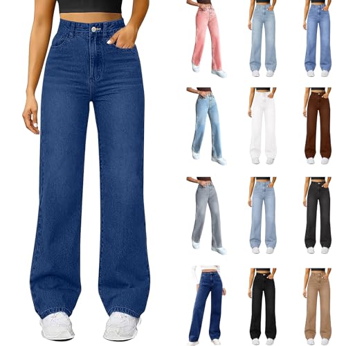 Uwdiohq Jeans Damen Straight Wide Leg Jeanshose Stretch High Waist Baggy Denim Hosen mit 4 Taschen Leichte Frauen Elegant Hose Klamotten Teenager Mädchen Streetwear (Dunkelblau,S) von Uwdiohq